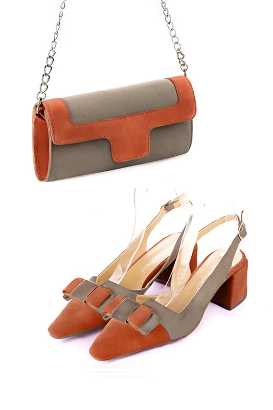 Dress clutch for wedding and parties in taupe brown and terracotta orange - Worn view